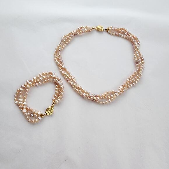 Genuine Pearl Statement Choker Necklace & Bracelet Set New Peachy Pink Old Money - Picture 2 of 11